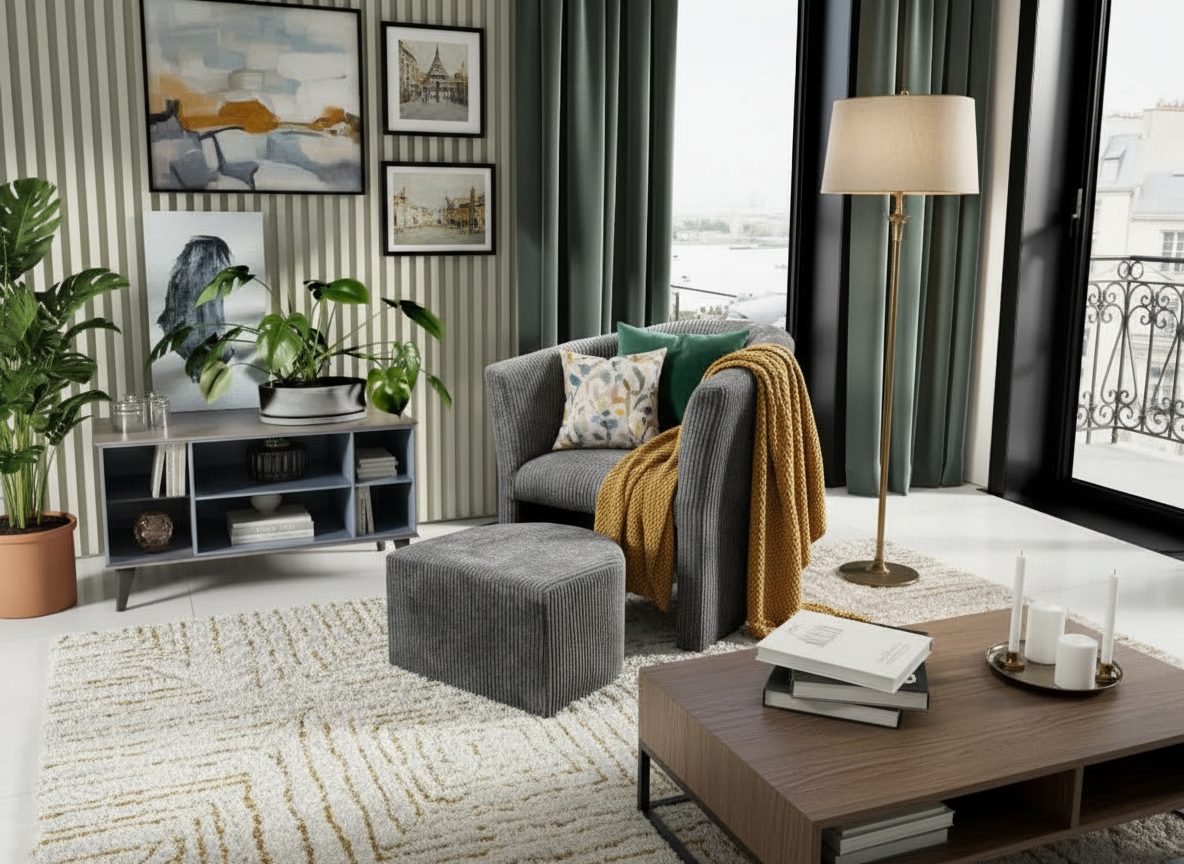 Fauteuil LINA + pouf velours cotelé