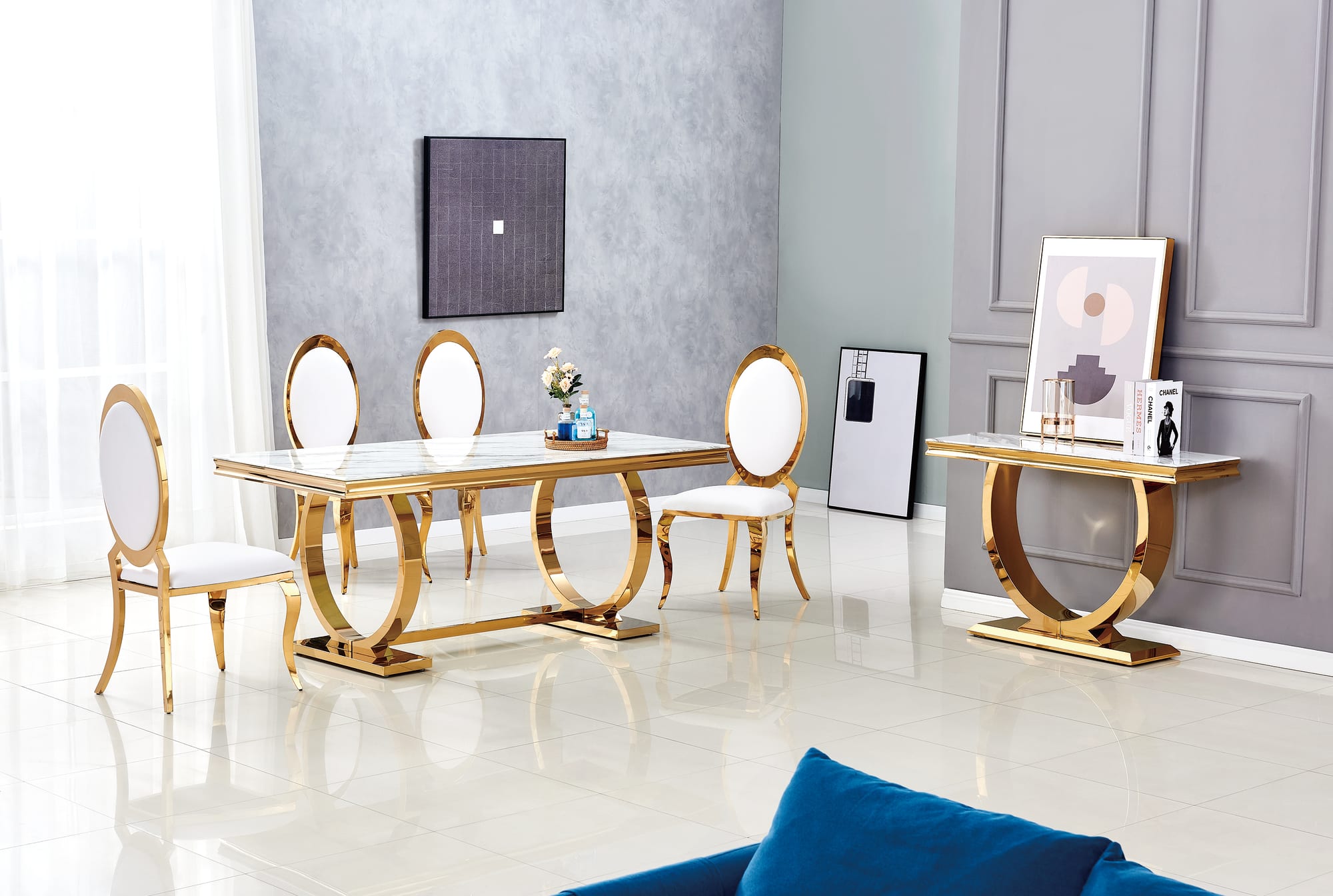 TABLE REPAS OMEGA GOLD MARBRE BLANC 180X90CM