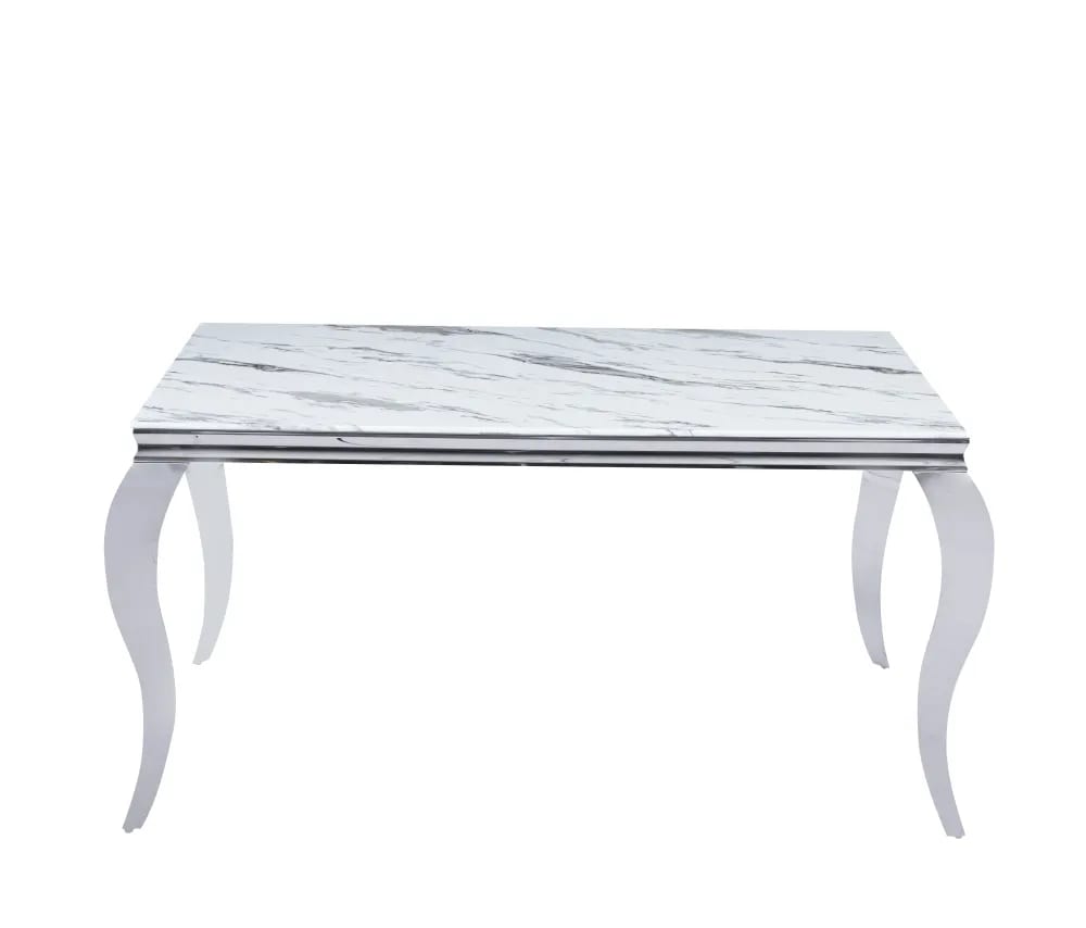 Table à manger BAROQUE 4 à 6 couverts pieds chrome plateau en verre 150x90 cm