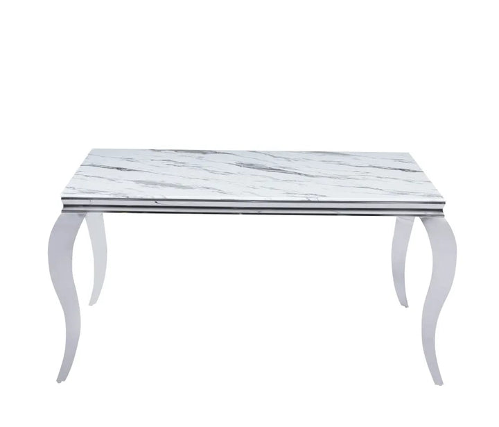 Table à manger BAROQUE 4 à 6 couverts pieds chrome plateau en verre 150x90 cm