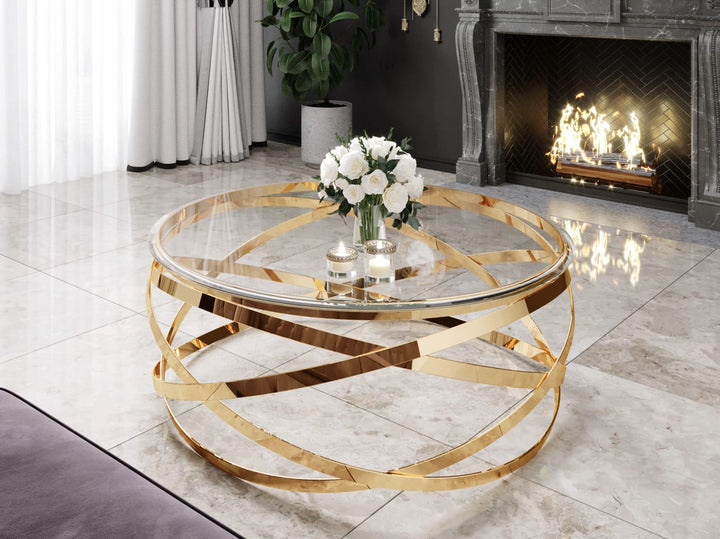 Table Basse EVOL structure Gold et plateau en verre D 80cm