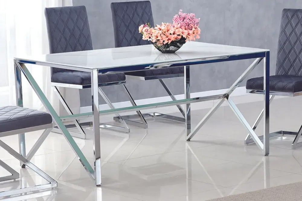 Table à manger MAJESTIQUE Chrome Plateau en verre trempé