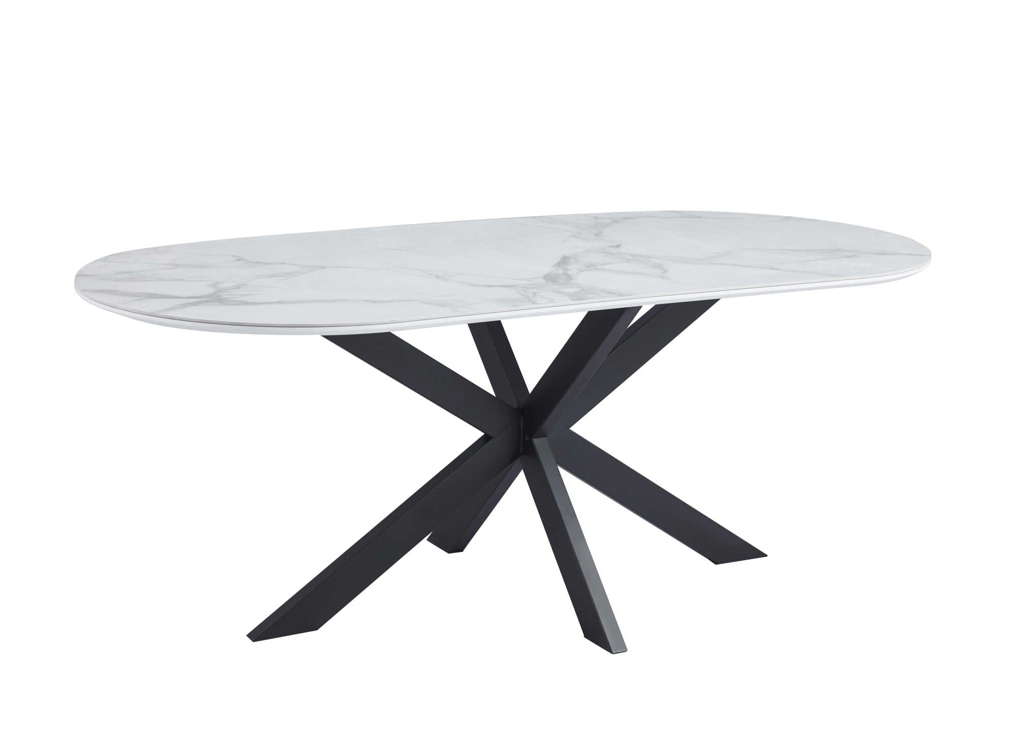 TABLE REPAS MANON PIED METAL NOIR PLATEAU CERAMIQUE MARBRE BLANC 200x100cm