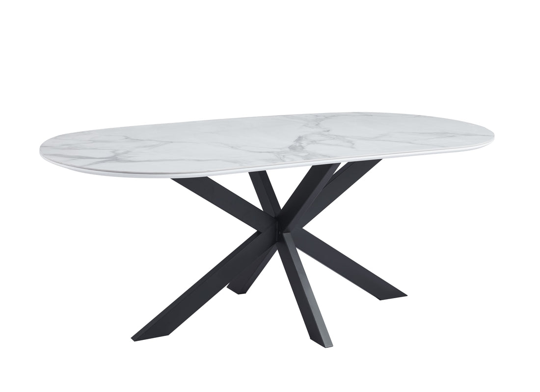 TABLE REPAS MANON PIED METAL NOIR PLATEAU CERAMIQUE MARBRE BLANC 200x100cm