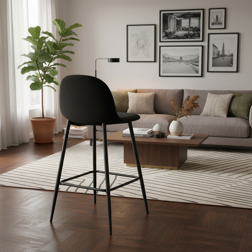 TABOURET DE BAR SCANDINAVE PIED METAL NOIR VELOURS NOIR