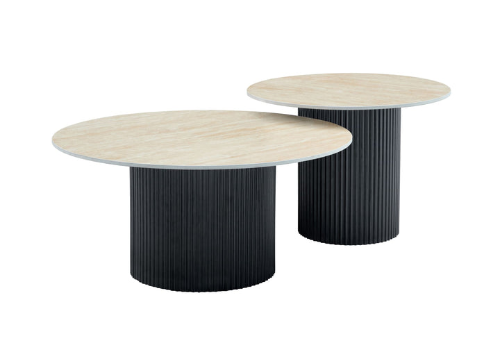 TABLE BASSE GIGOGNE MINA PIED NOIR PLATEAU CERAMIQUE TRAVERTIN MAT 60x45cm + 80x38cm