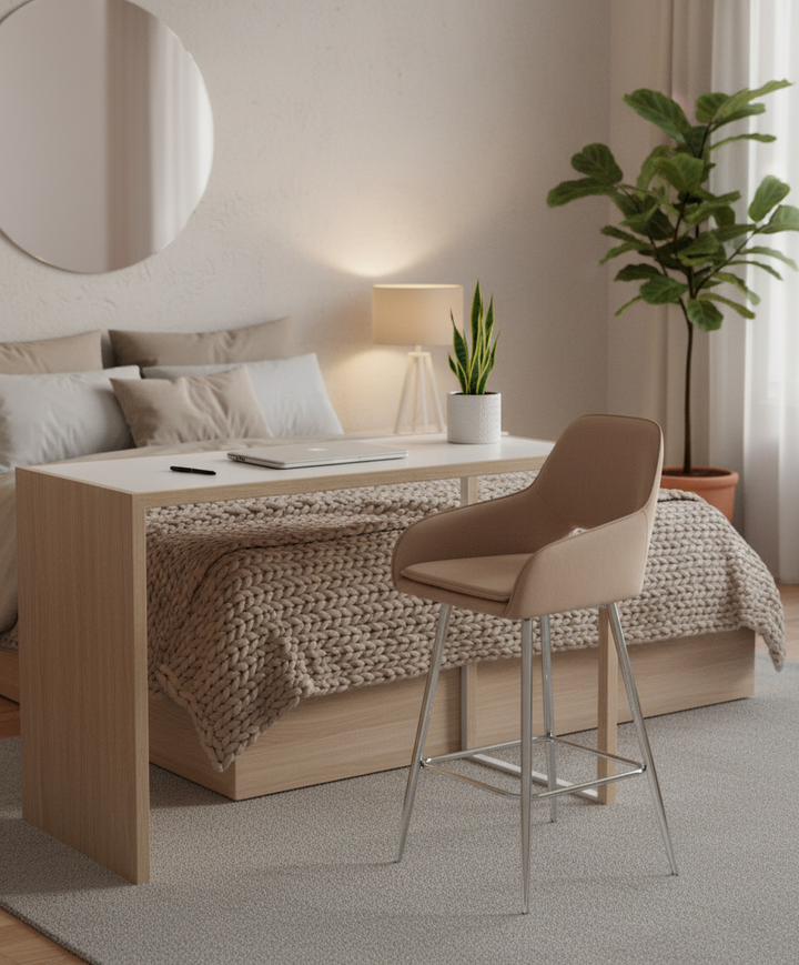 TABOURET DE BAR ATHENA PIED CHROME VELOURS TAUPE