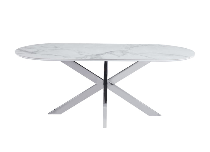 TABLE REPAS MANON PIED CHROME PLATEAU CERAMIQUE MARBRE BLANC 200x100cm