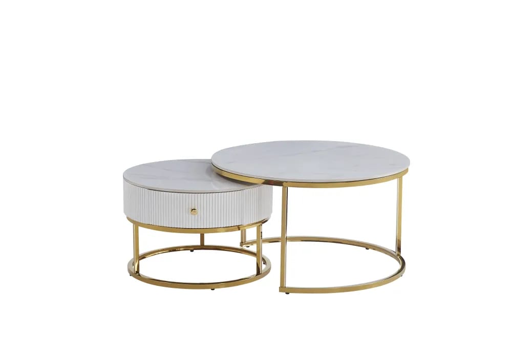 TABLE BASSE GIGOGNE SAMIRA AVEC TIROIR GOLD CERAMIQUE MARBRE BLANC 80+60cm