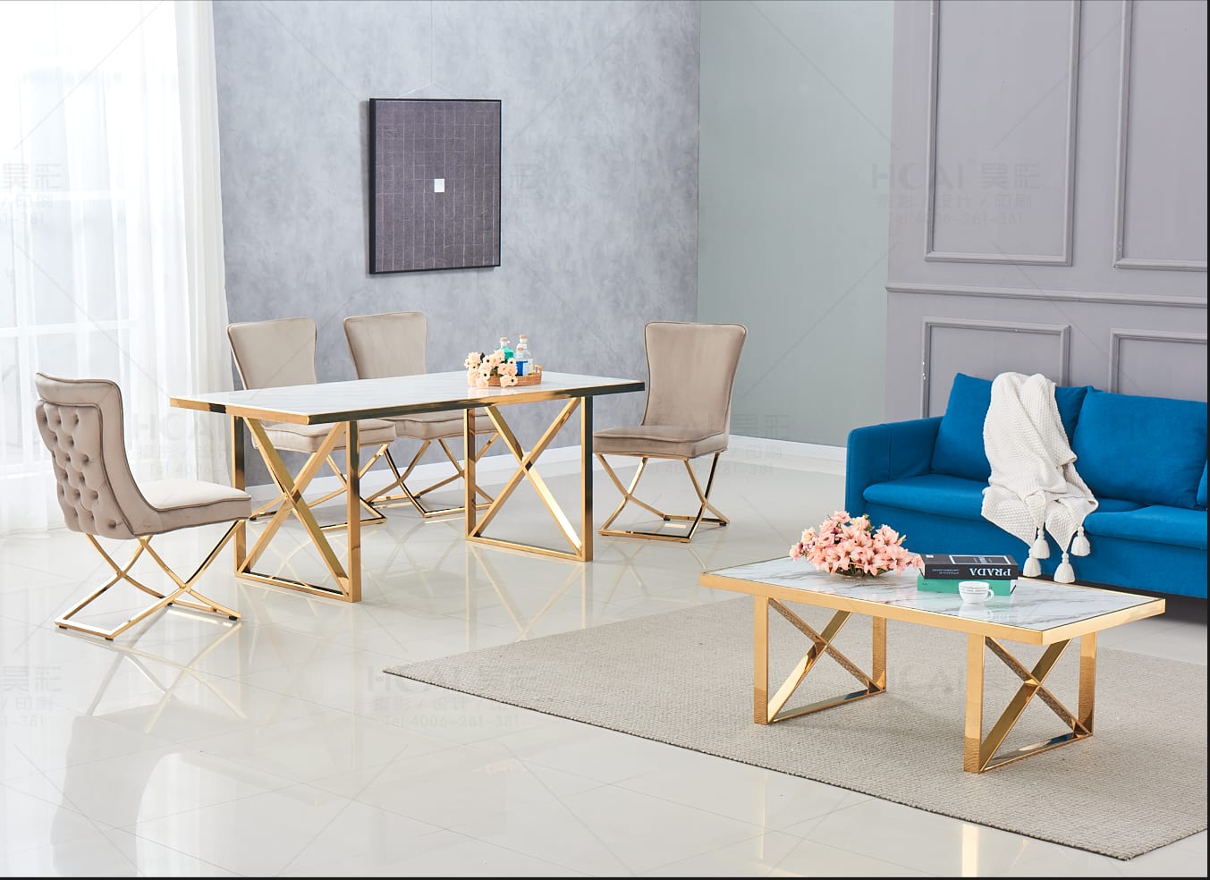 TABLE REPAS LEVANTO GOLD MARBRE BLANC 180x90 cm