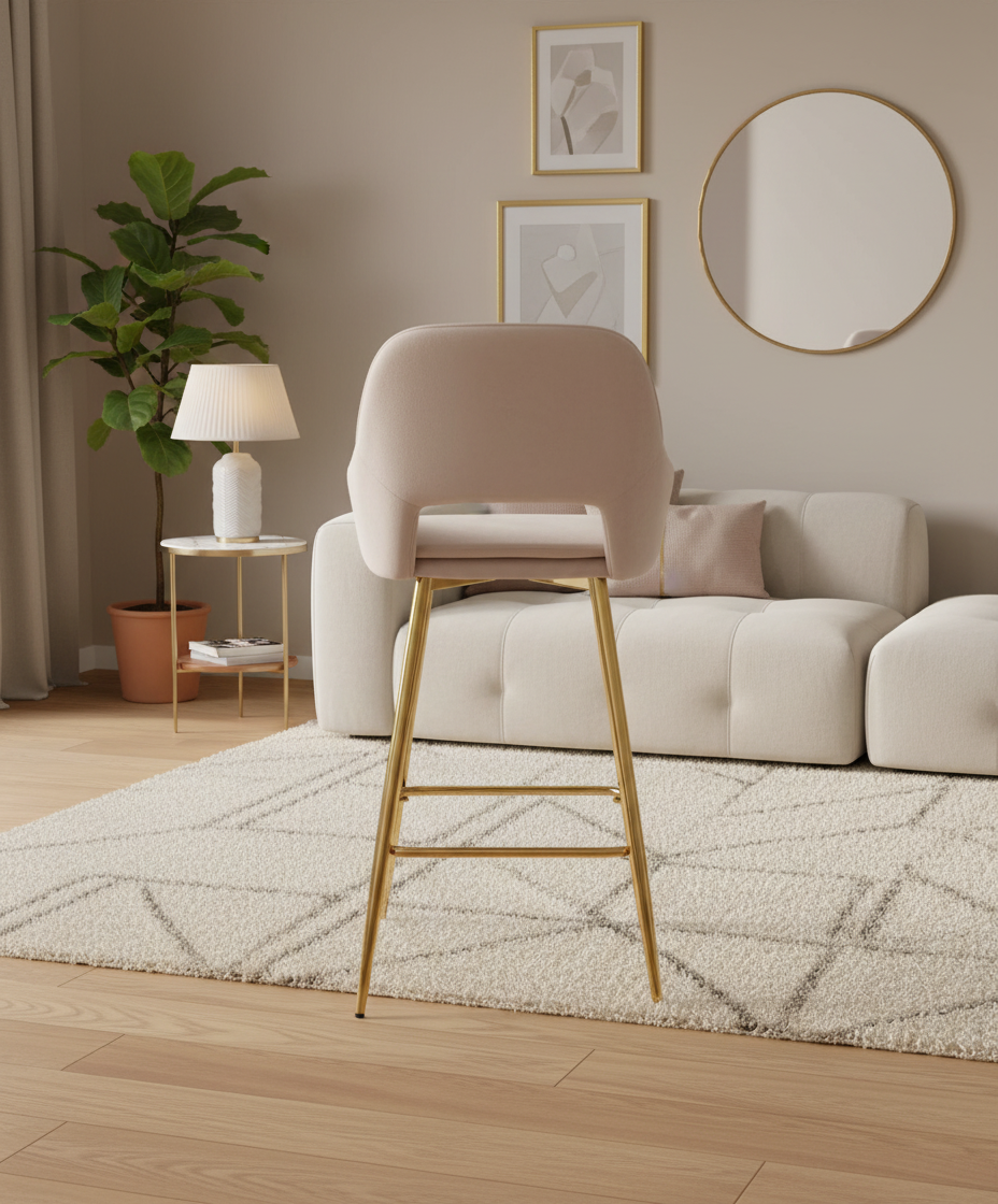 TABOURET DE BAR ATHENA PIED GOLD VELOURS BEIGE