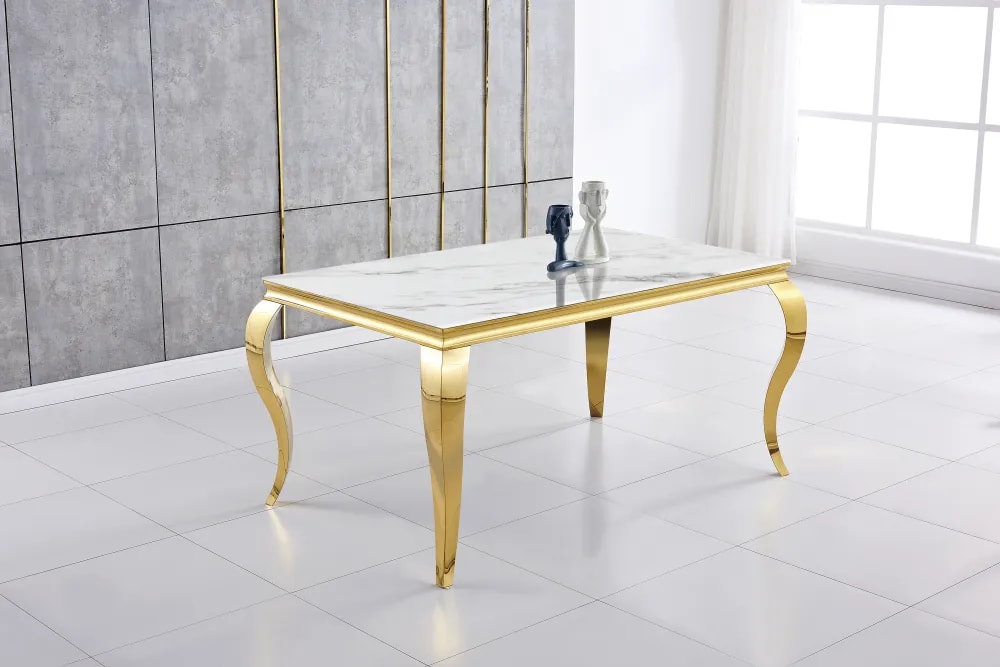 Table à manger BAROQUE 6 à 8 couverts pieds gold plateau en verre 180x90 cm