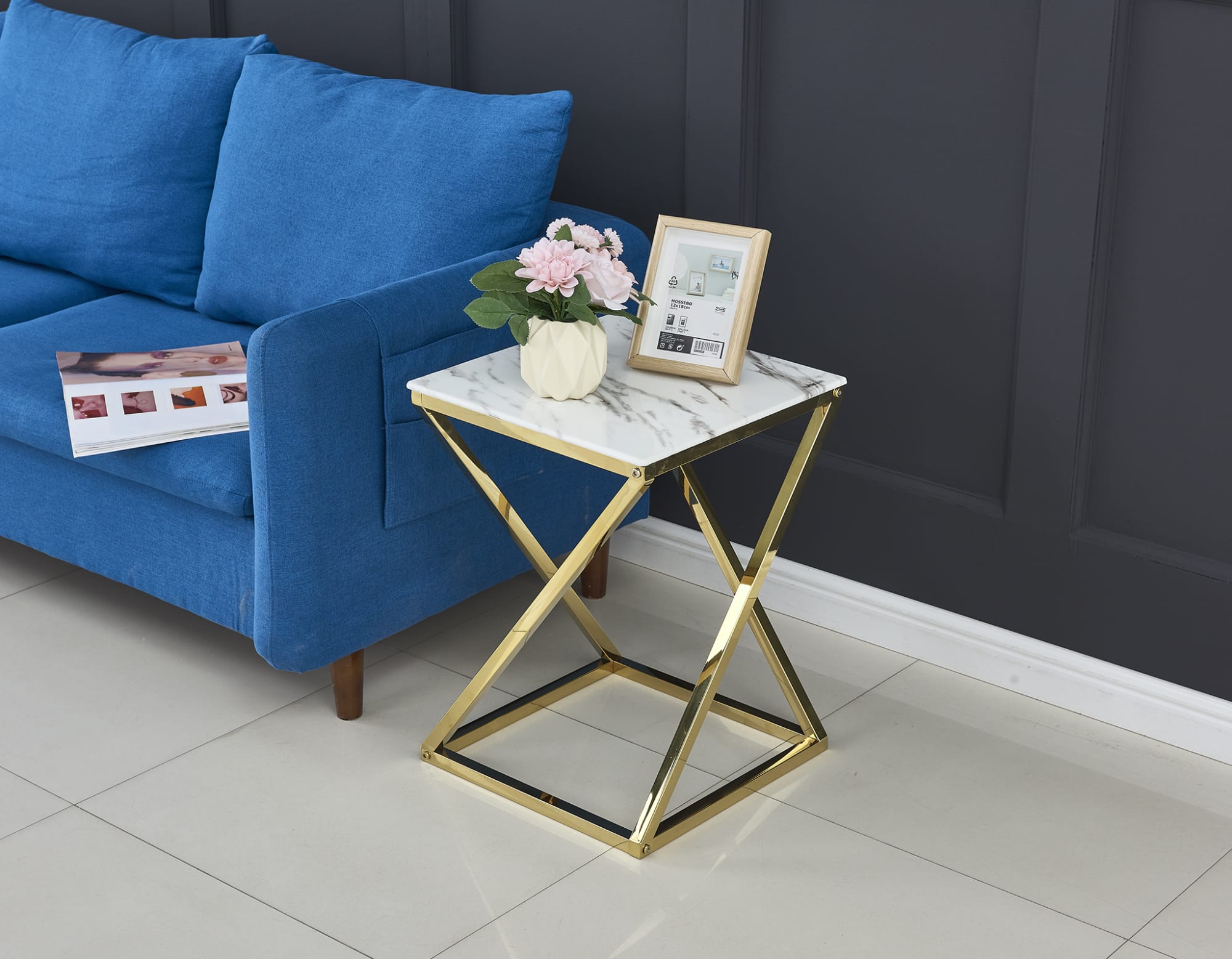 GUERIDON BEVERLY GOLD MARBRE BLANC 40x40x55cm