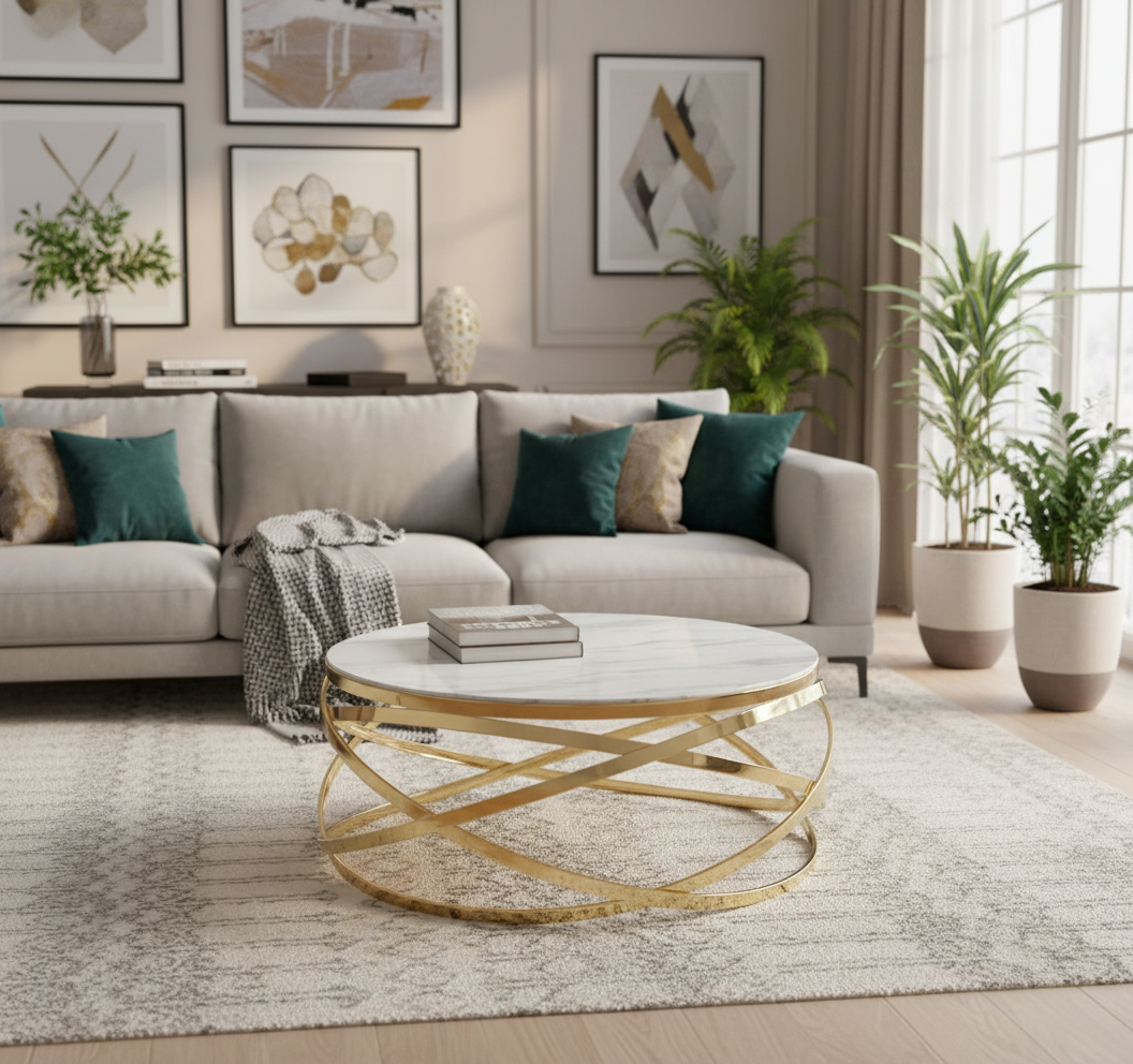 Table Basse EVOL structure Gold et plateau en verre D 100cm