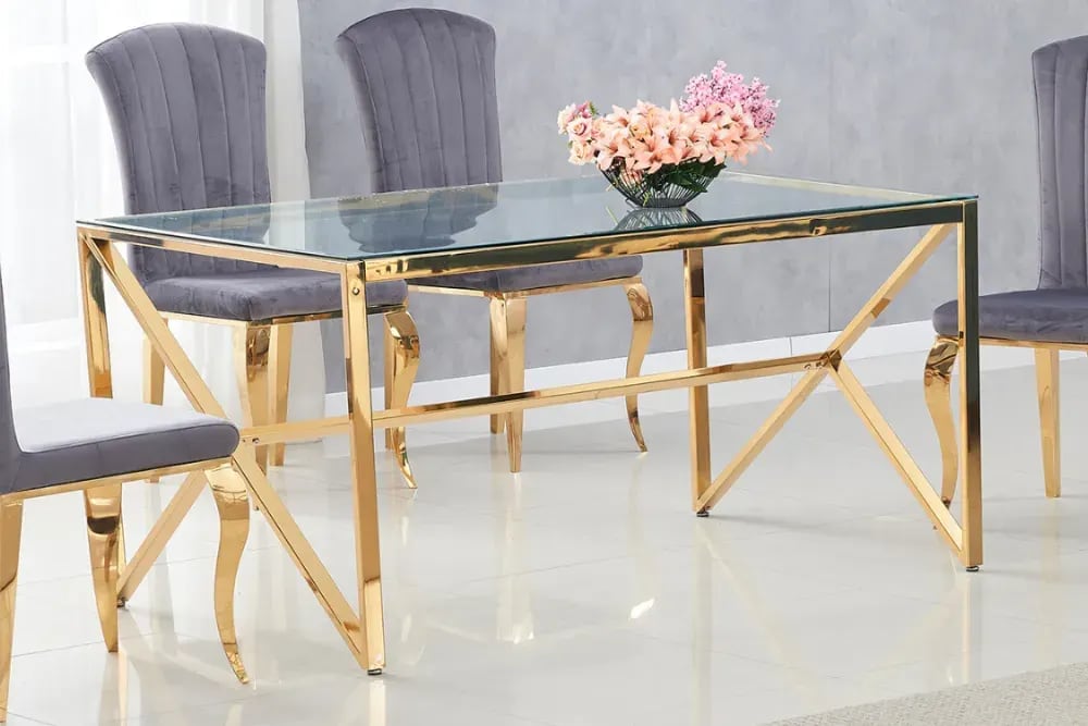 Table à manger MAJESTIQUE Gold Plateau en verre trempé
