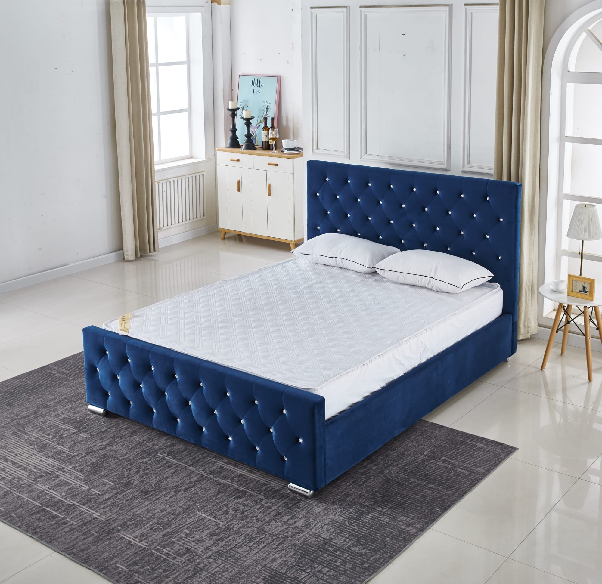 LIT PRESTIGE CAPITONNE AVEC DIAMANT VELOURS BLEU 160x200 cm