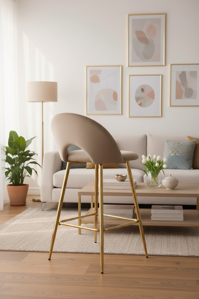 TABOURET DE BAR TEDDY PIED GOLD VELOURS TAUPE