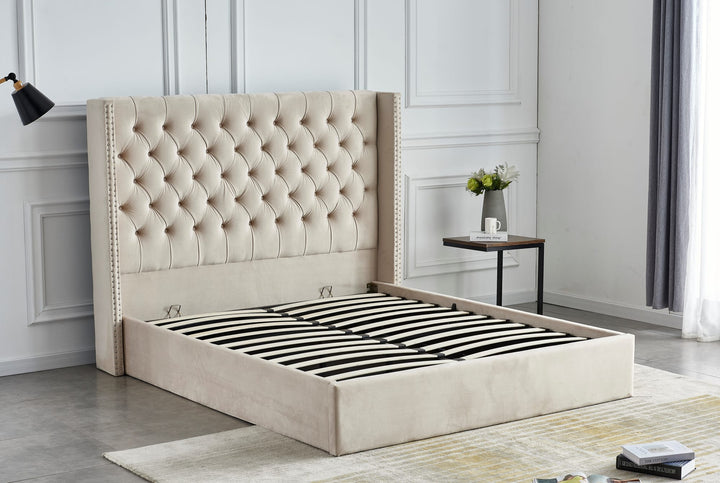 LIT DOUBLE CLOUTE CAPITONNE AVEC COFFRE VELOURS BEIGE 160x200 c