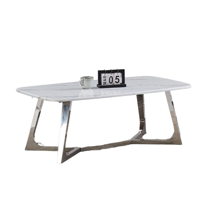 Table Basse GOSSIP Inox plateau en Granite Marbré Blanc 120x70 cm