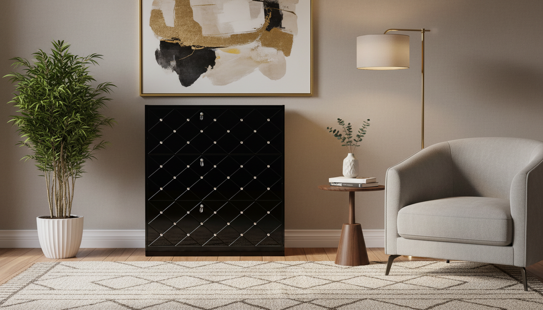 MEUBLE À CHAUSSURES EN STRASS 3 PORTES NOIR 110x17x80cm