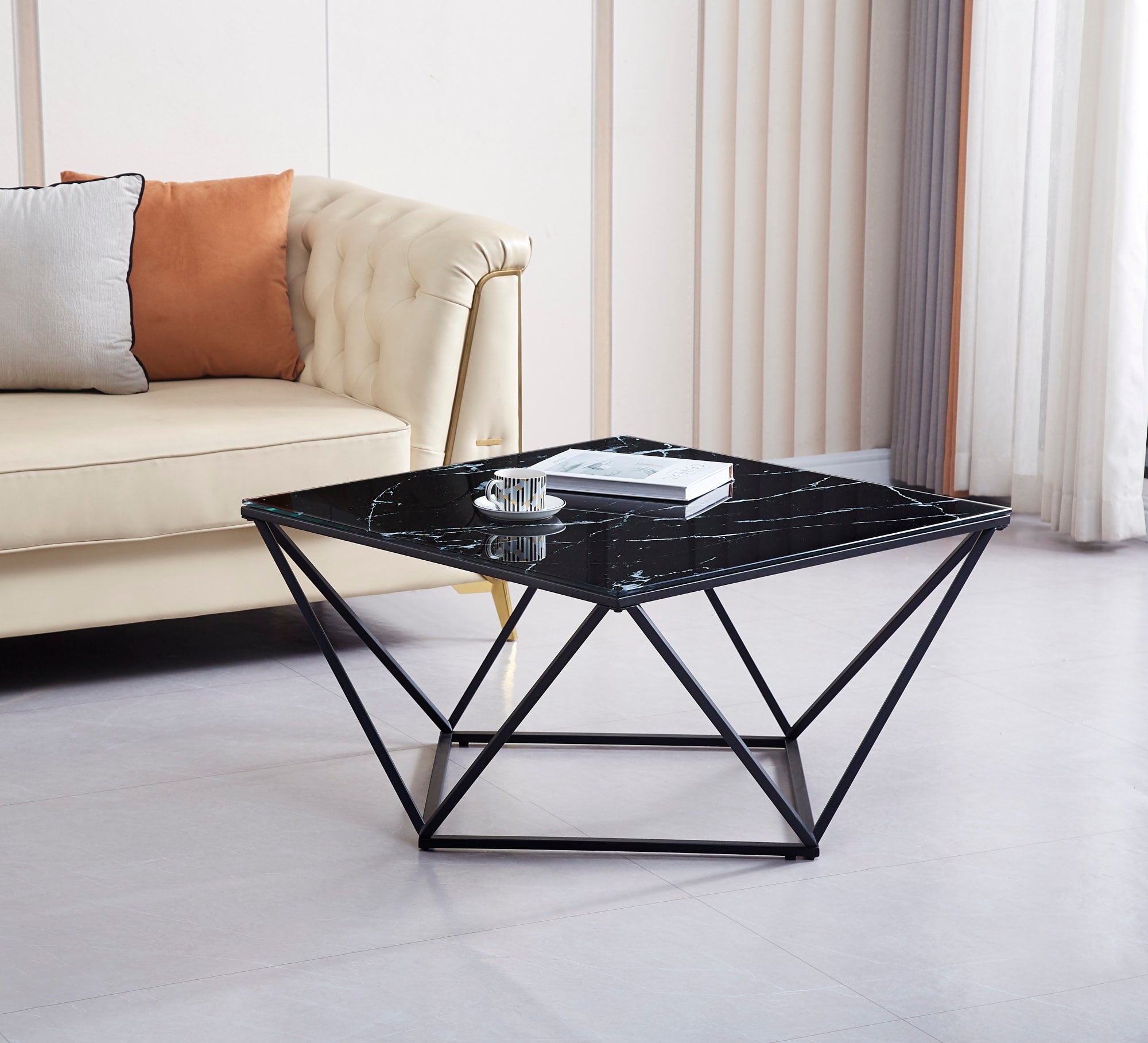 TABLE BASSE ALINA METAL NOIR VERRE MARBRE NOIR 80X80X45CM