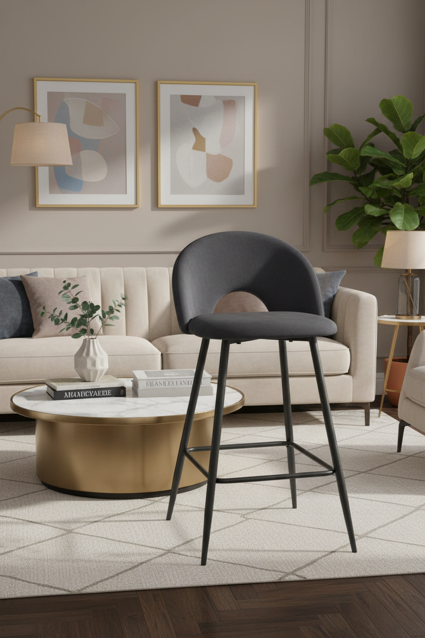 TABOURET DE BAR TEDDY PIED METAL NOIR VELOURS ANTHRACITE