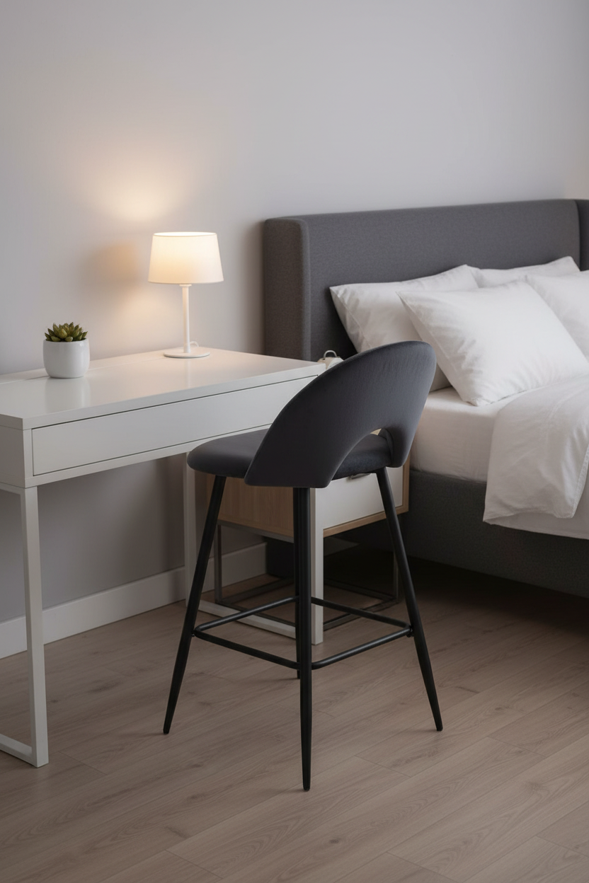 TABOURET DE BAR TEDDY PIED METAL NOIR VELOURS ANTHRACITE