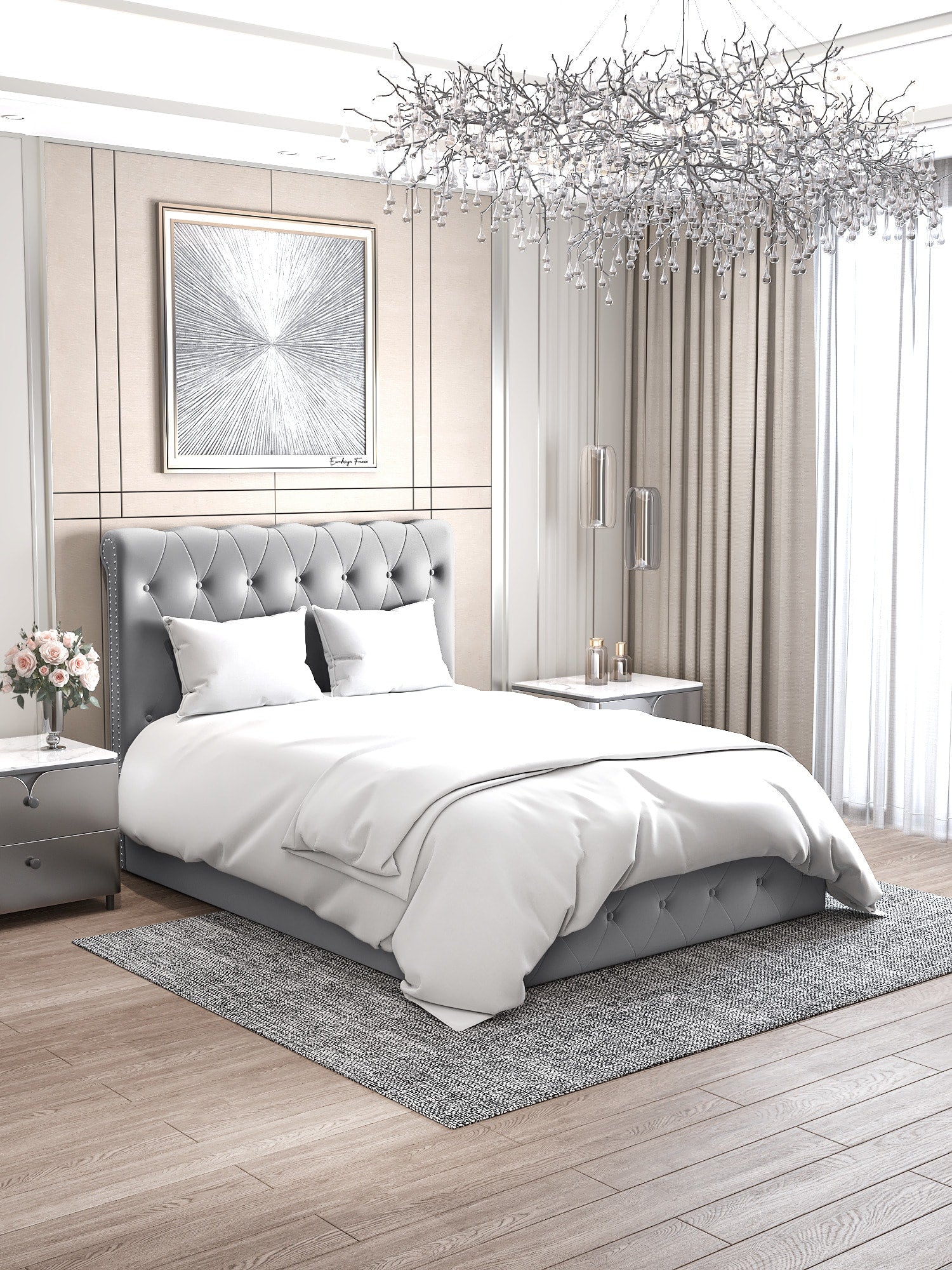 LIT COFFRE CORSICA EN VELOURS GRIS 90X190CM