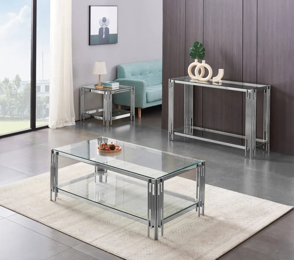 Table Basse FLUTE Chrome plateau en verre 120x60x45 cm