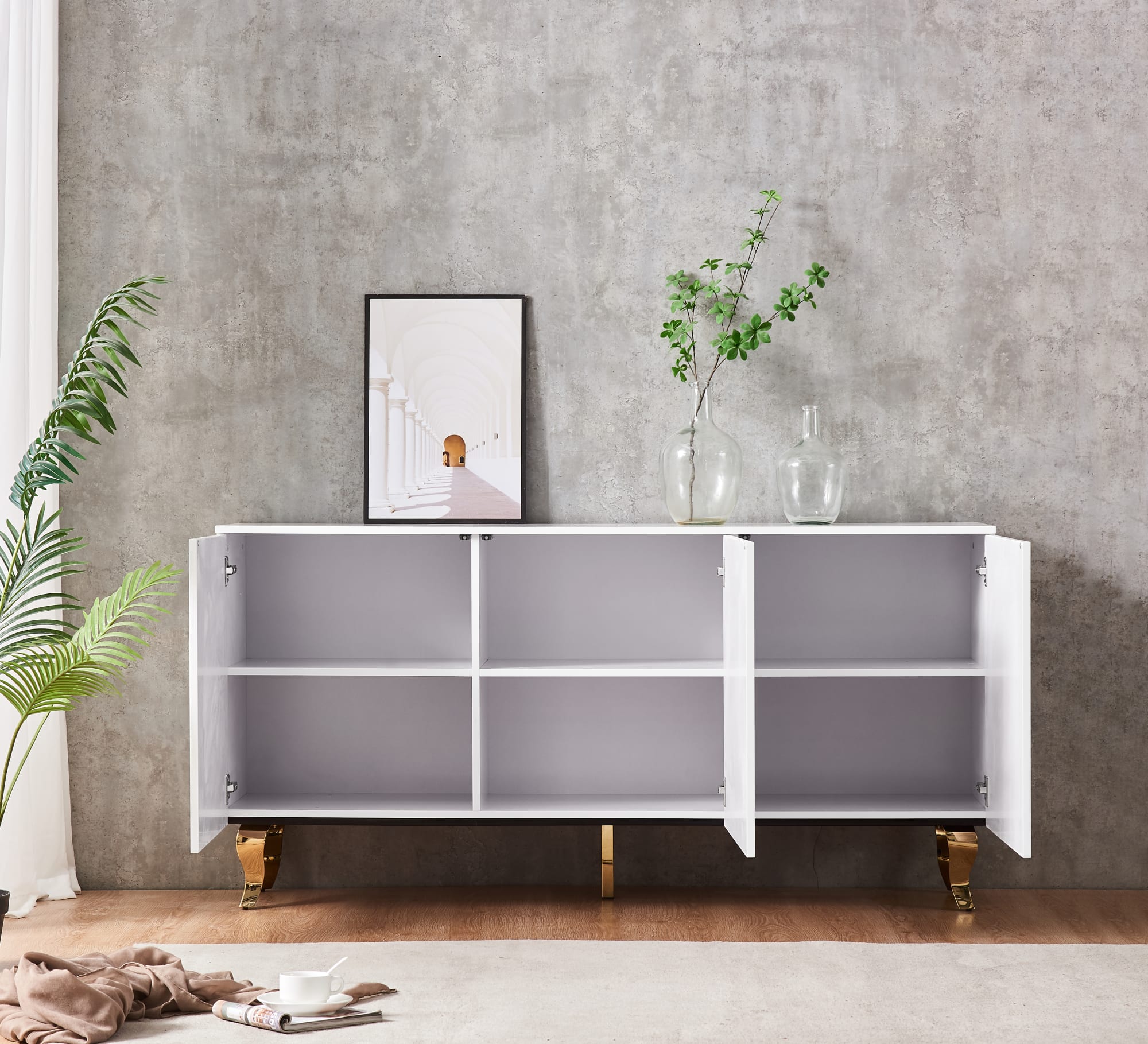 BUFFET BAROQUE LAQUE BLANC 3 PORTES 160X40X80 CM PIEDS GOLD