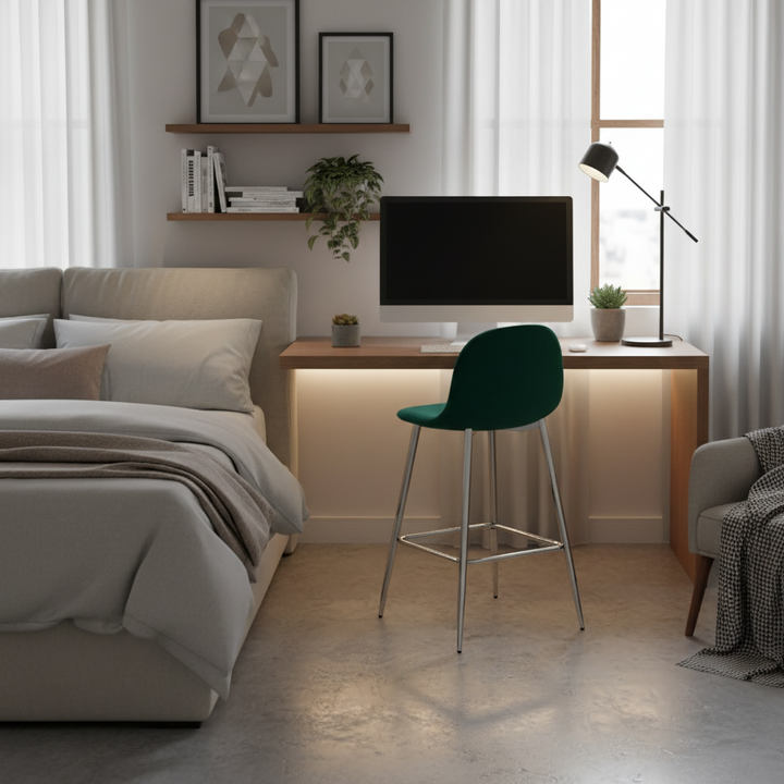 TABOURET DE BAR SCANDINAVE PIED CHROME VELOURS VERT SAPIN