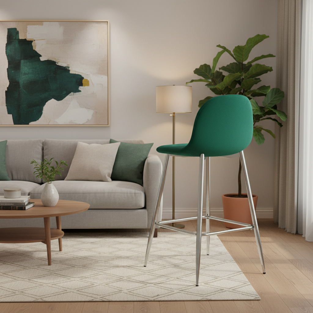 TABOURET DE BAR SCANDINAVE PIED CHROME VELOURS VERT SAPIN