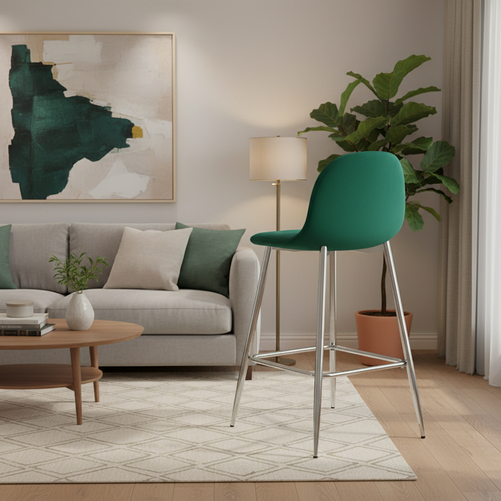 TABOURET DE BAR SCANDINAVE PIED CHROME VELOURS VERT SAPIN