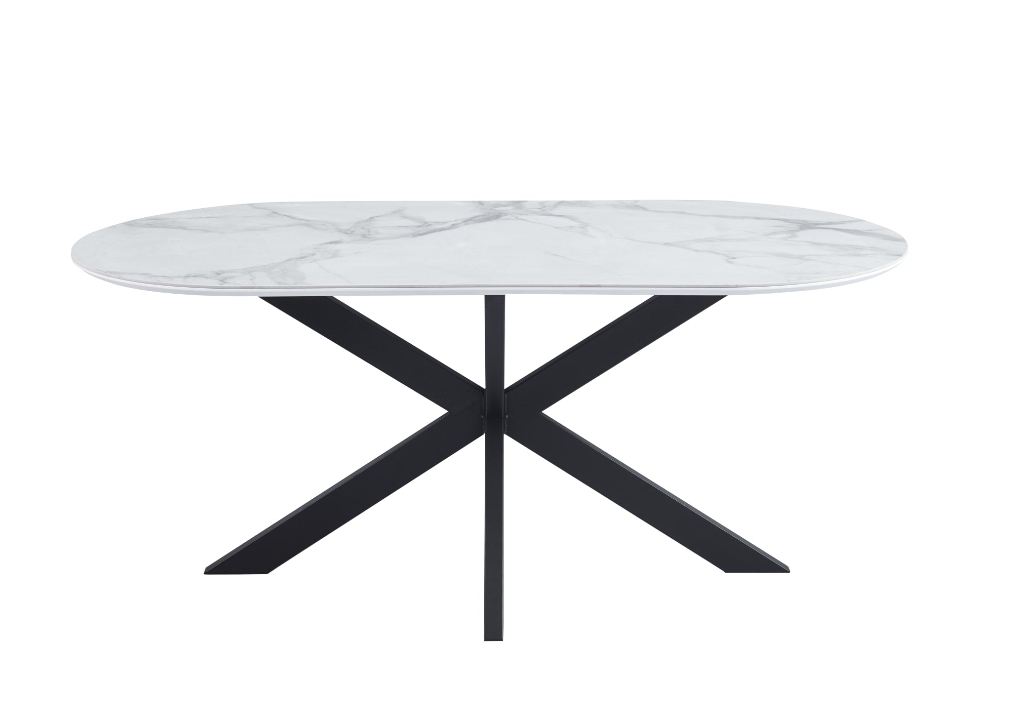 TABLE REPAS MANON PIED METAL NOIR PLATEAU CERAMIQUE MARBRE BLANC 180x90cm