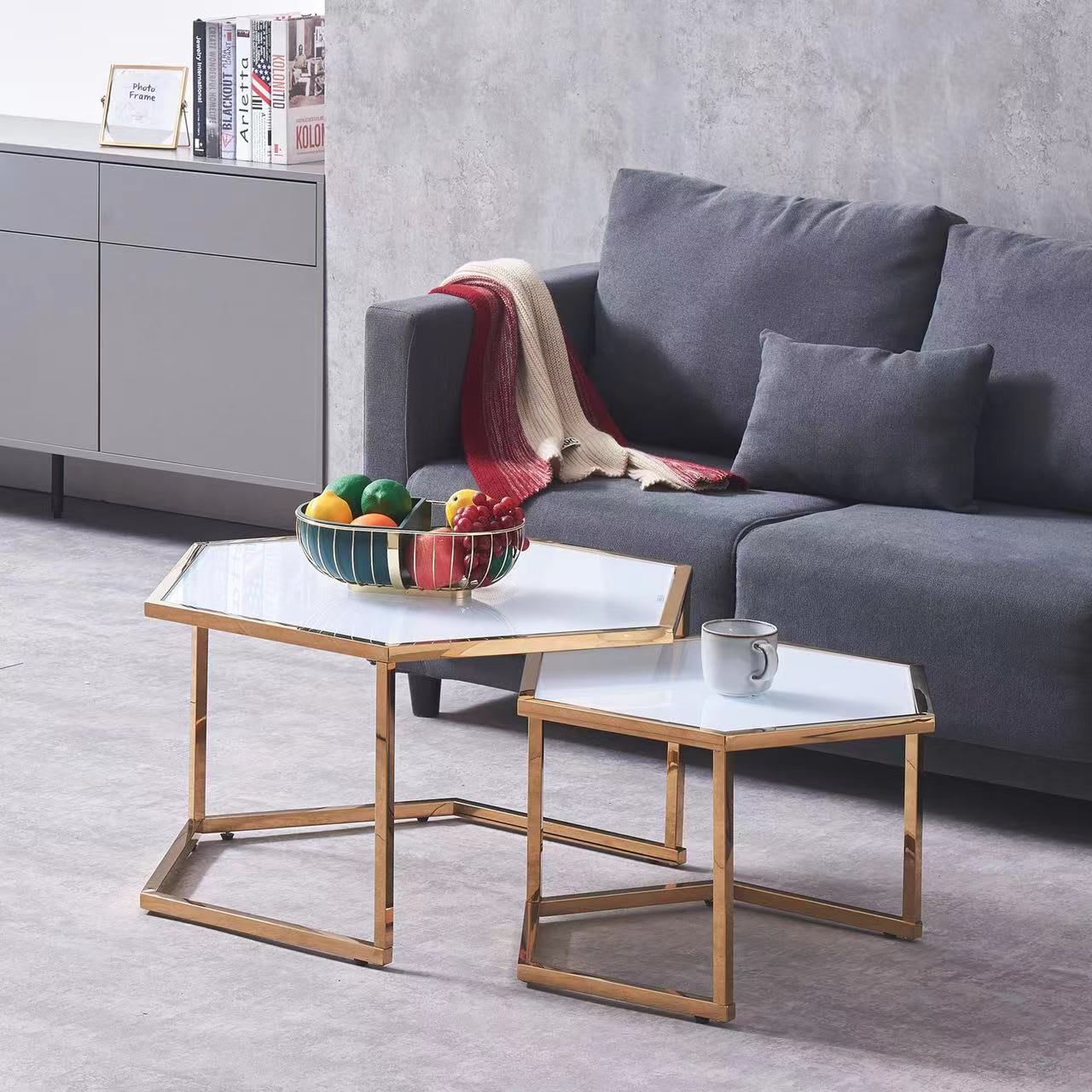 TABLE BASSE GIGOGNE HEXAGONA GOLD BLANC ULTRA 79x40.50 + 59x35.