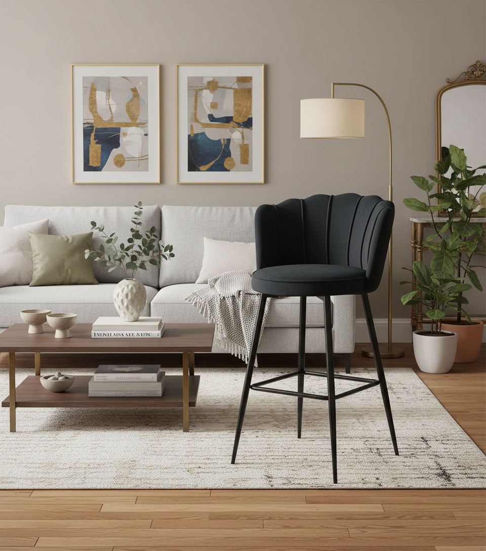 Lot de 2 tabourets de bar NYMPHEA Métal noir en velours