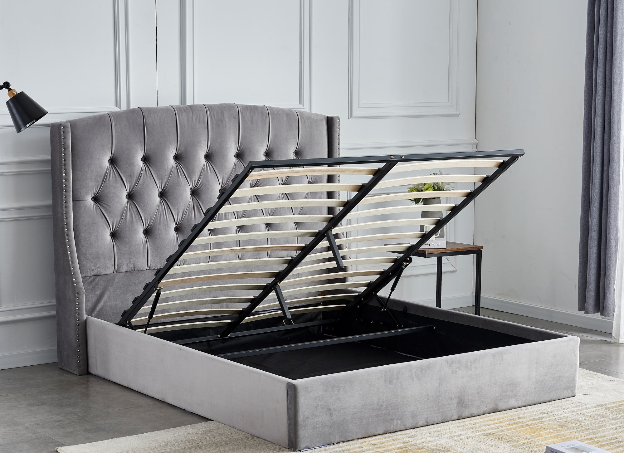 LIT COFFRE SULTAN CAPITONNE LOSANGE VELOURS GRIS 140x190 cm