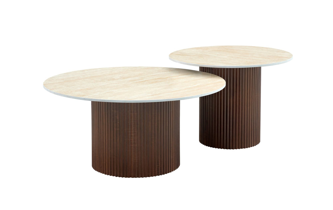 TABLE BASSE GIGOGNE MINA PIED BOIS NOYER PLATEAU CERAMIQUE TRAVERTIN MAT 60x45cm + 80x38cm
