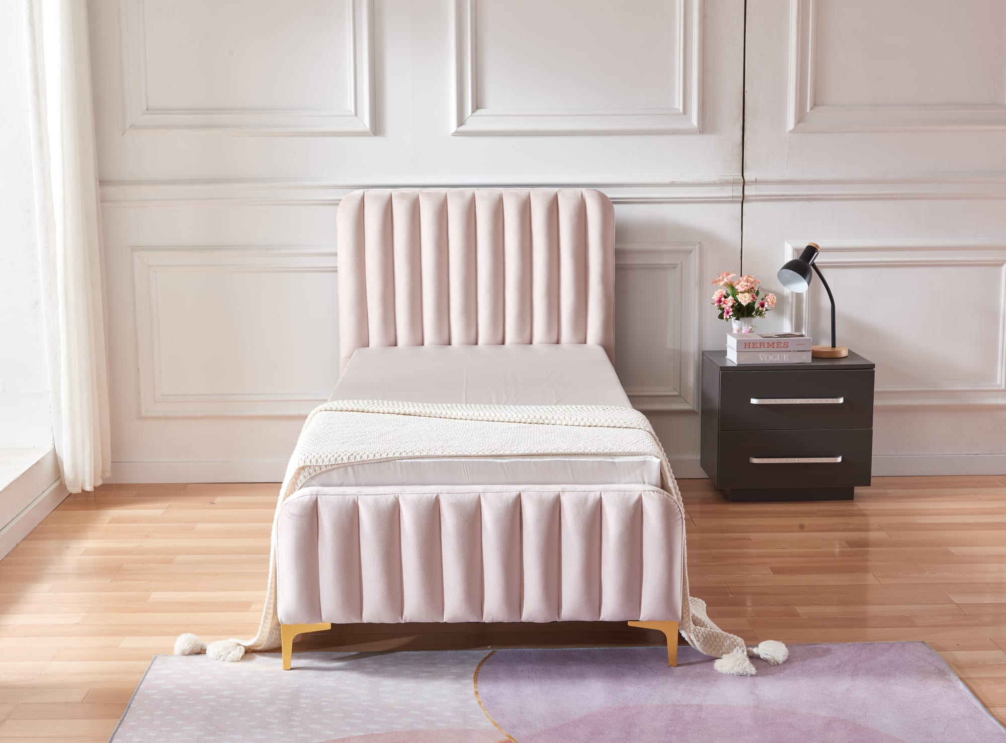 LIT FAYE CAPITONNE EN LIGNE VELOURS ROSE 90x190 cm