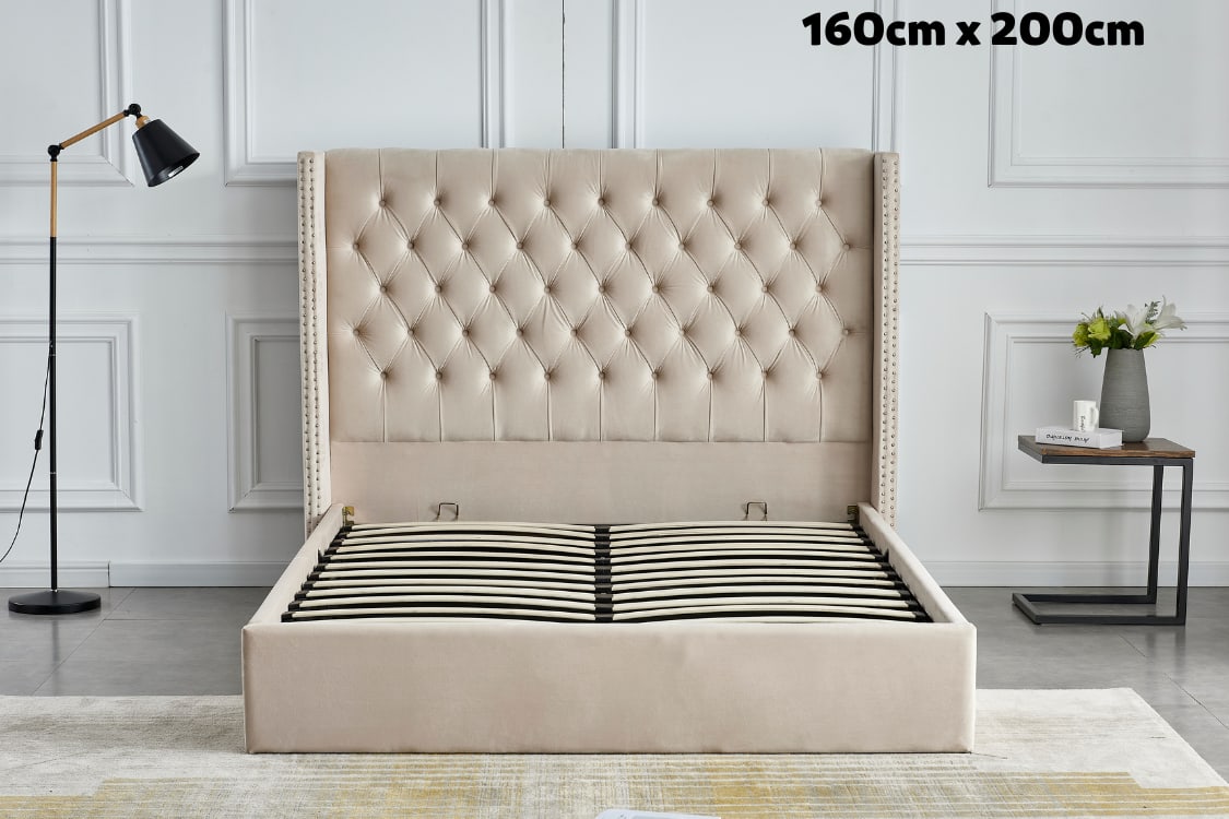 LIT DOUBLE CLOUTE CAPITONNE AVEC COFFRE VELOURS BEIGE 160x200 c