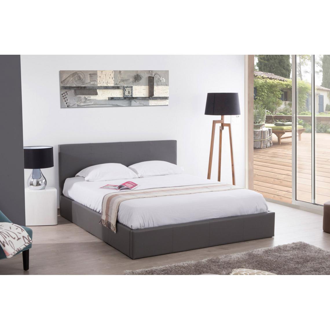 LIT COFFRE BASTIEN EN SIMILICUIR GRIS 160x200 cm
