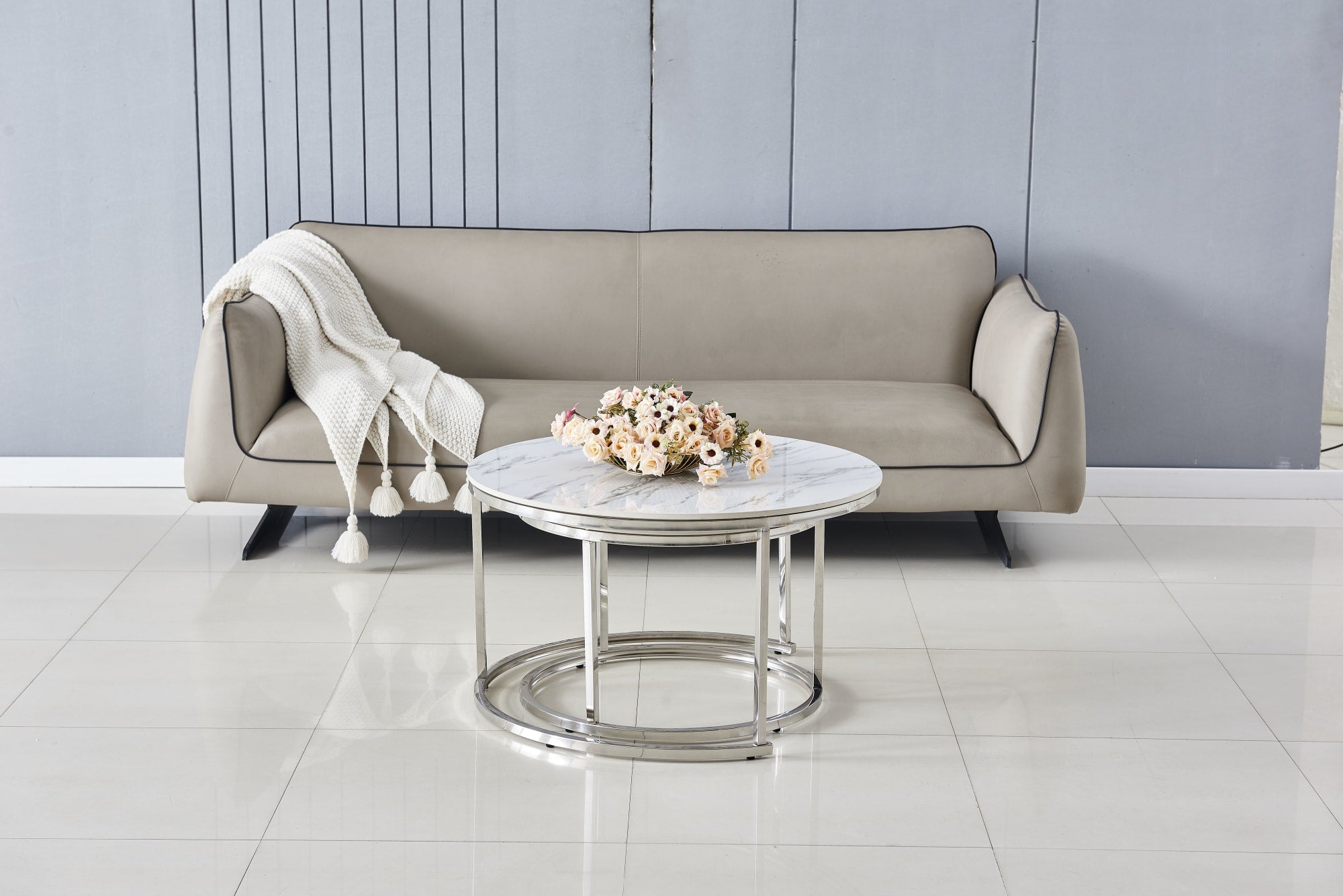 TABLE BASSE GIGOGNE CHROME PLATEAU CERAMIQUE EFFET MARBRE 80x45