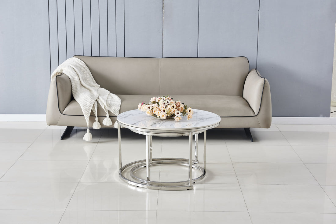 TABLE BASSE GIGOGNE CHROME PLATEAU CERAMIQUE EFFET MARBRE 80x45
