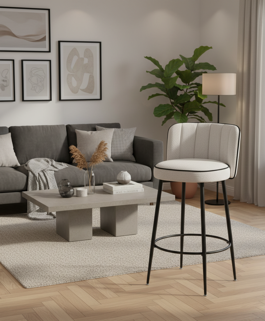 TABOURET DE BAR CATHY PIED METAL NOIR ECRU 3D