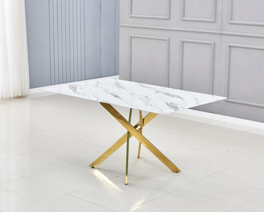 Table Repas JESSICA Gold et plateau en verre 150 cm 4 à 6 couverts