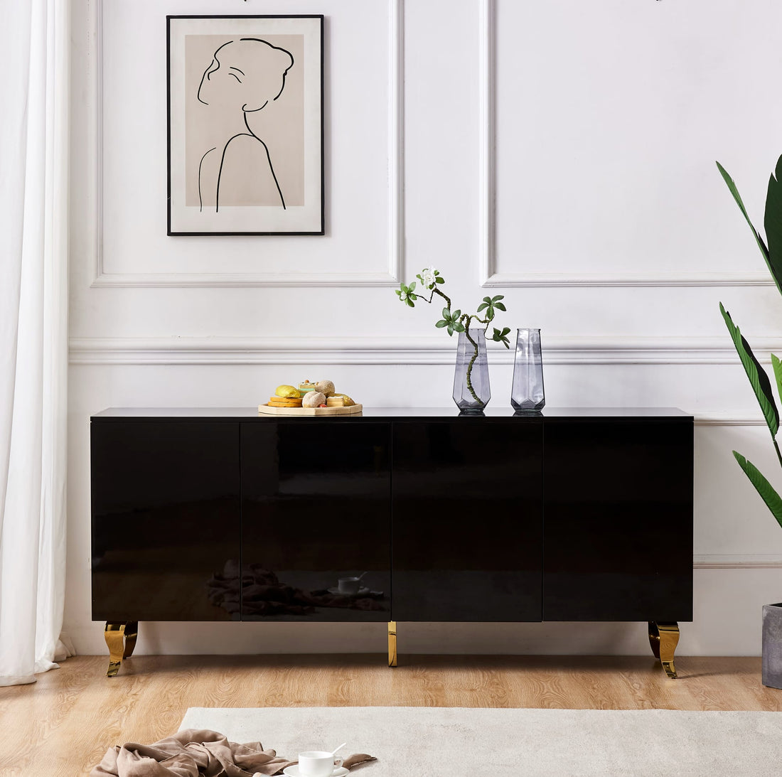 BUFFET BAROQUE LAQUE NOIR 4 PORTES 180X40X80 CM PIEDS GOLD