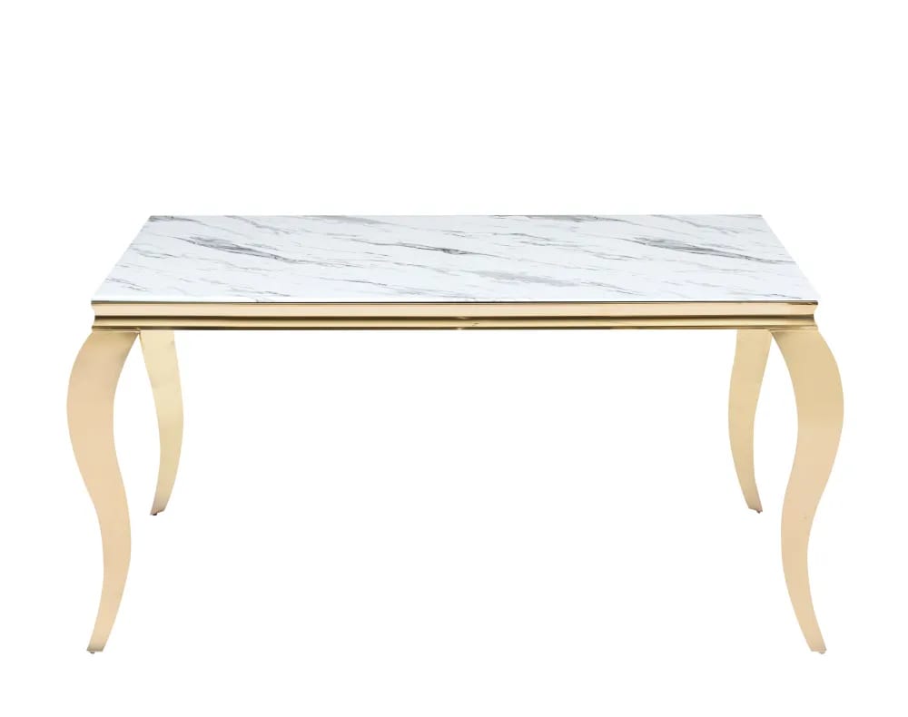 Table à manger BAROQUE 6 à 8 couverts pieds gold plateau en verre 180x90 cm