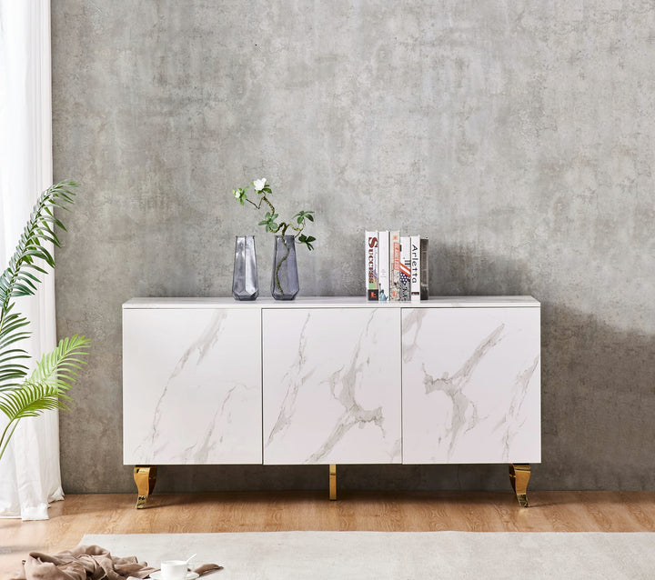 BUFFET BAROQUE LAQUE MARBRE BLANC 3 PORTES 160X40X80 CM PIEDS G