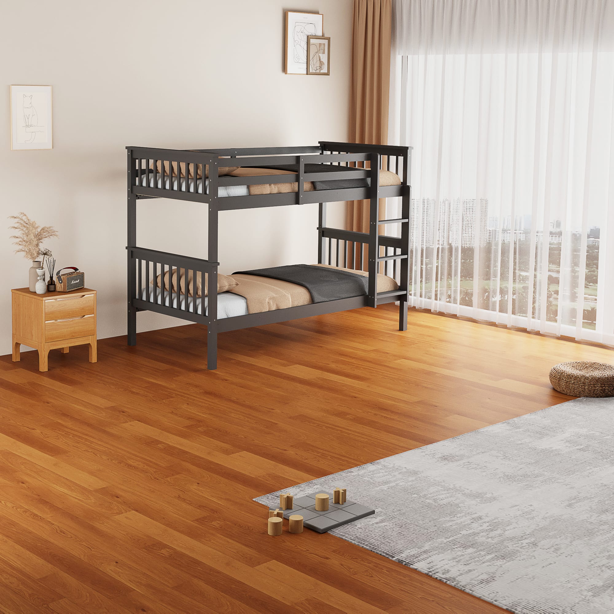 LIT SUPERPOSE BATNA EN BOIS 1+1 GRIS 90X190cm