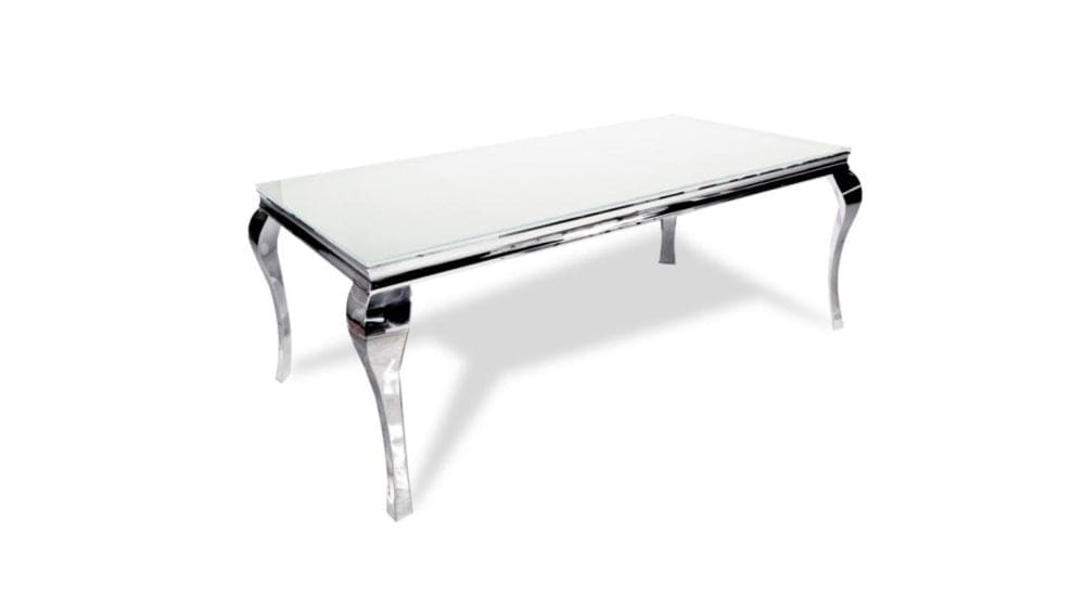 Table à manger BAROQUE 4 à 6 couverts pieds chrome plateau en verre 150x90 cm